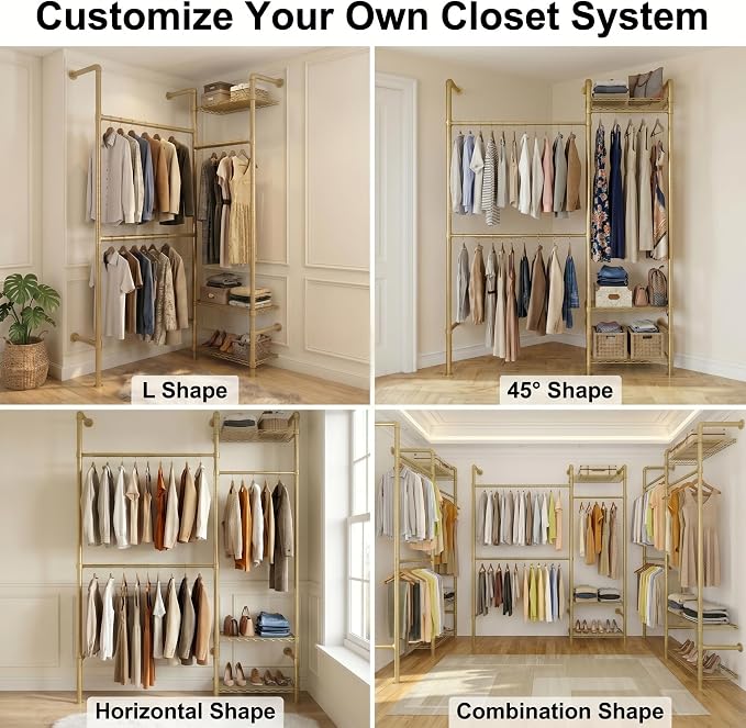 F2 Wall Mounted Closet System, Industrial Pipe Clothing Rack for Hanging Clothes, Heavy Duty Closet Organizer System, Clothes Racks with Shelves & Expandable Rod for Wardrobe, Corner, Gold