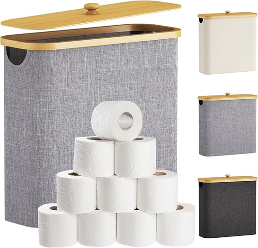 Lifewit Toilet Paper Storage Holder for 12 to 16 Rolls, Free Standing Toilet Paper Basket Stand with Bamboo Lid, Collapsible Fabric Bathroom Organizer Box for Mega Rolls, 30L, Extra Large, Light Gray