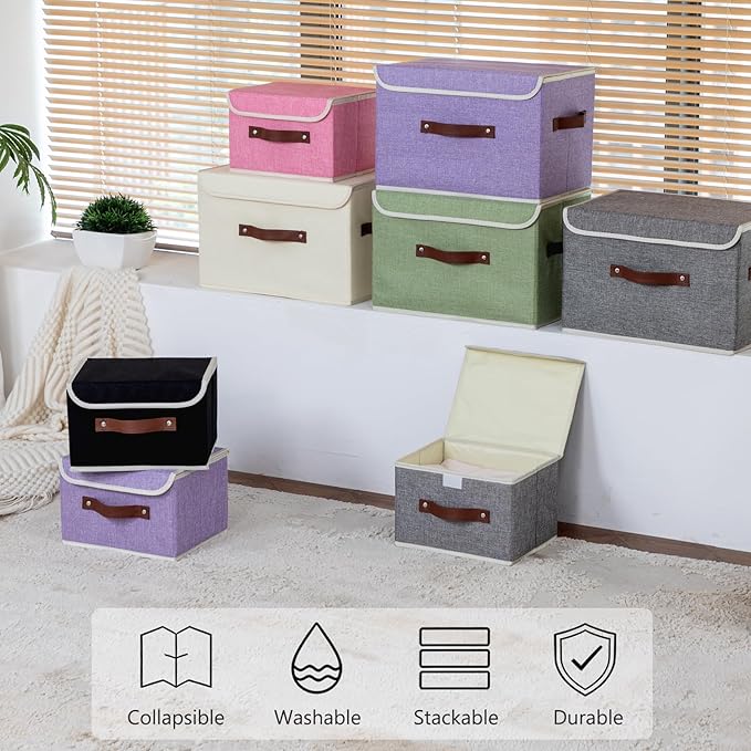 2PCS Storage Bins Box with Lids Decorative Cotton Linen Fabric Baskets Cubes with Handles PP Plastic Board Foldable Washable Lidded Clothing Shelf Closet Organizer Container (Black, Large)