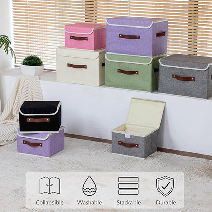 Storage Bins Box with Lids Decorative Cotton Linen Fabric Baskets Cubes with Handles PP Plastic Board Foldable Washable Lidded Clothing Shelf Closet Organizer Container (Black, Large)