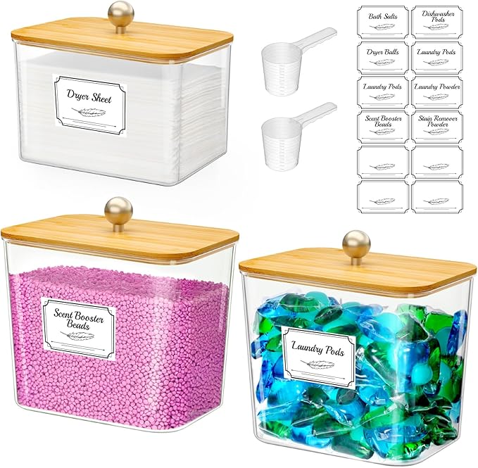 Lifewit Laundry Pods Container with Lid, Dryer Sheet Holder, Room Organization Storage for Coffee Pods Kcup Washing Powder, Scent Booster Beads, 2600 +2000ml/0.53+0.7gal，Natural,3 Pcs