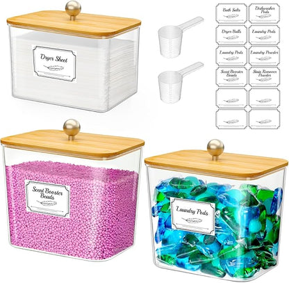 Lifewit Laundry Pods Container with Lid, Dryer Sheet Holder, Room Organization Storage for Coffee Pods Kcup Washing Powder, Scent Booster Beads, 2600 +2000ml/0.53+0.7gal，Natural,3 Pcs