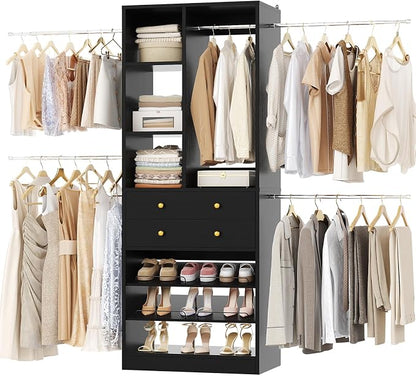 Besiost Closet System, 4.2–8.8 FT Closet Organizer with 2 Wooden Drawers and Shelves, Walk-in Closet System with 5 Hang Rods, Built-in Closet Tower, Can Fit 60 to 96 inch, Black