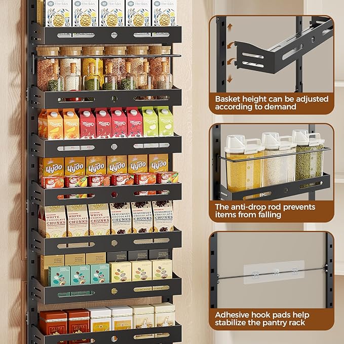 8-Tier Over The Door Pantry Organizer, Large 2 IN 1 Wall Mount or Hanging Spice Rack, Pantry Door Organizer and Storage with Adjustable Basket, Door Spice Rack for Pantry, Black