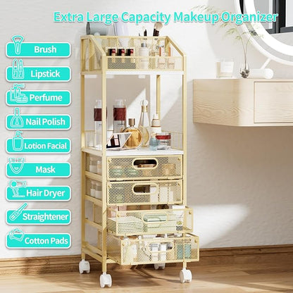 HapiRm Makeup Organizer Storage Cart - Floor Skincare Make Up Storage with 4 Drawers, Rolling Makeup Cart Vanity Organizer Cosmetics Display Cases Holder for Skin Care Perfume Nail Polish, Gold