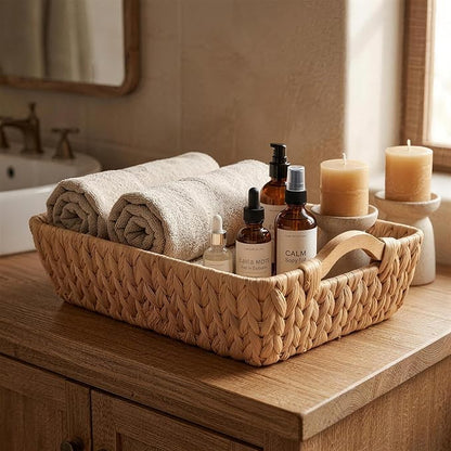 Water Hyacinth Wicker Storage Basket, Handwoven Rectangular Basket with Wooden Handles, Home Organization Decor Basket, Ideal Gift for Women