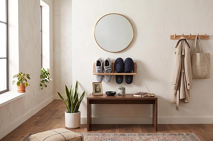 22“ Shoe Rack with Dowel, Wall Hanging Shoe Storage, Organize for Sneaker, Slipper, Boots in Entryway, Hallway, Trailer, RV, Solid Wood_ Beige