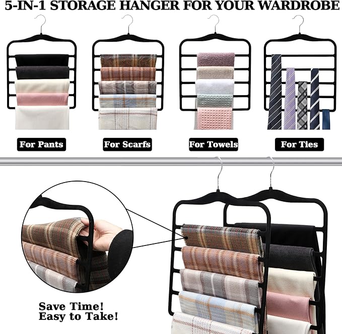 Closet Organizers and Storage,5 Pack Velvet Pants-Hangers-Space-Saving,Non Silp 5 Tier Scarf Jeans Organizer,Dorm Room Essentials for College Students Girls Boys Guys,Organization and Storage