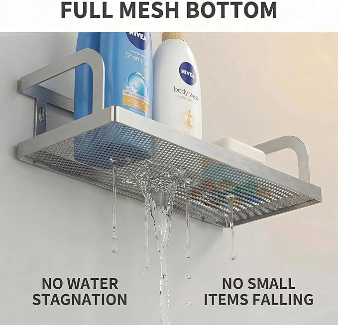 PUSDON 2-Pack Wide Hollowout Shower Caddy & Spice Rack, Wall Mount Bathroom Organizer with Mesh Bottom, Easy Access Cabinet Door Shelf Holds 50LBS - Silver Gray, Hollowout