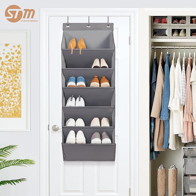 STORAGE MANIAC 2 Pack Over Door Shoe Organizers 6-Tier Large Pockets Hanging Organizers Shoes Rack Doors Closet Shoe Organizer Wall, Dorm & Narrow Doors Storage Shoe Holder Over Door Organizer Grey
