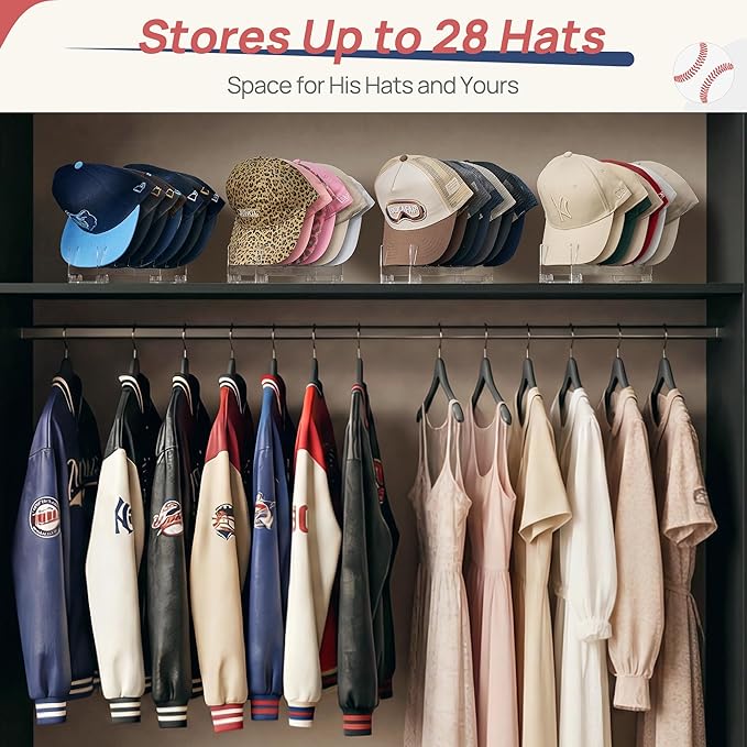 Vtopmart 4 Pack Hat Organizer Holder for Baseball Caps Storage, Clear Hats Display Stand Holds Up to 28 Caps for Closet, Dresser