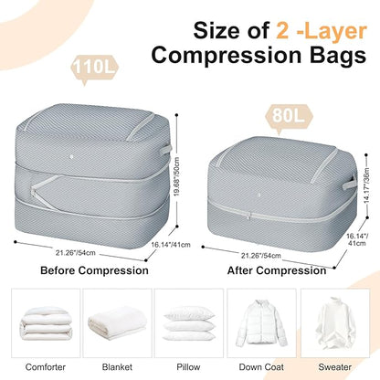 Comforter Storage Bag - 110L Large Capacity Blanket Storage Bags 2-Layer Ultra Space Saving Self Compression Organizer, Washable Compression Bags for Storage Comforter Blanket, 4-Pack, Grey