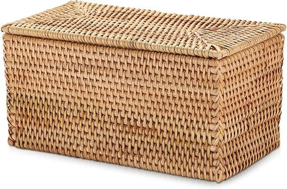 Hipiwe Rattan Basket Box with Lid Handwoven Wicker Storage Basket Bins Lidded Decorative Baskets Rectangular Household Baskets for Shelf Organizing Home Decor, 11.8"Lx6.2"Wx6.1"H