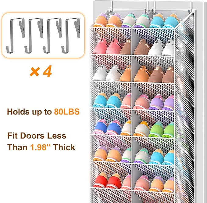 20-30 Pairs Over the Door Shoe Organizer, Breathable Mesh Pocket Hanging Shoe Storage for Closet, 10-Tier Door Shoes Rack, Handing Shoes Holder Fit All the Family's Sneakers, Boots, Heels, Light Grey