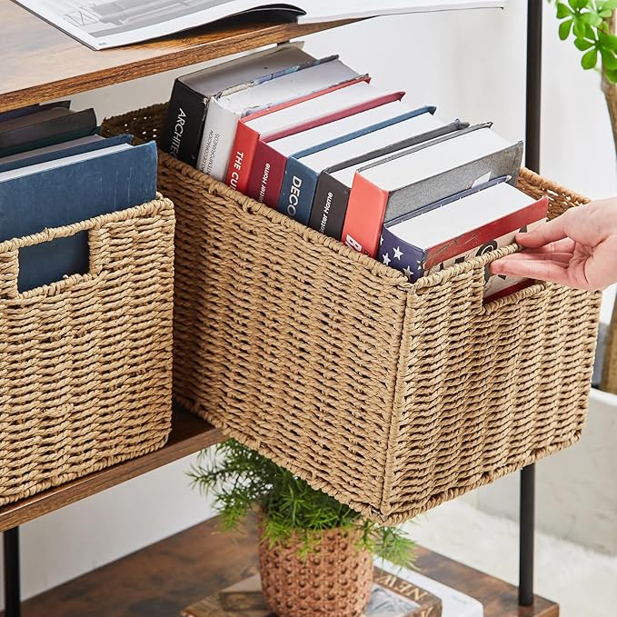 Vagusicc Wicker Storage Basket, Set of 2 Hand-Woven Paper Rope Wicker Basket, Small Storage Baskets for Organizing Toilet Paper Basket, Foldable Large Cube Storage Organizer Bins for Shelves (Natural)