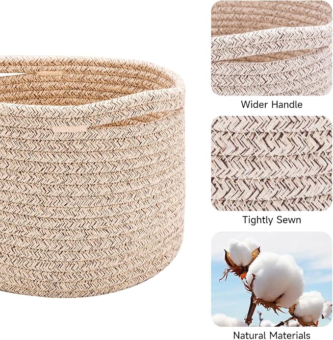 MiniArk Small Basket for Organizing | Cube Shelf Closet Storage Baskets | 9.7×9.7×7.1” | Woven Rope Gift Basket | Nursery | Round 3 Packs Mixed Brown