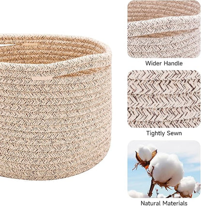 MiniArk Small Basket for Organizing | Cube Shelf Closet Storage Baskets | 9.7×9.7×7.1” | Woven Rope Gift Basket | Nursery | Round 3 Packs Mixed Brown