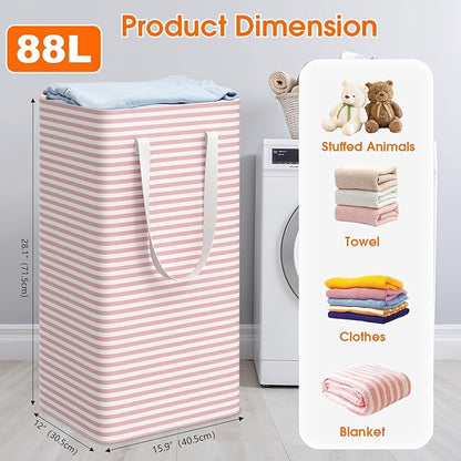 3 Pack Large Laundry Basket,Waterproof & Freestanding Laundry Hamper,Collapsible Clothes Hampers with Easy Carry Long & Reinforced Handles in Bathroom,College Dorm(88Lx3,Pink)