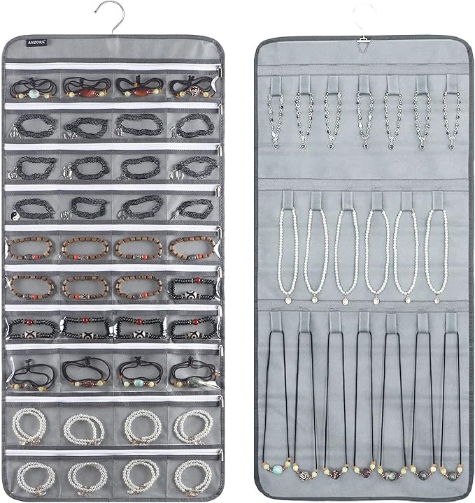 Dual-sided Hanging Jewelry Organizer with 40 Zippered Pockets and 20 Hook Loops Necklace Holder Jewelries Organizer for Earrings Bracelets Rings with 360 Degree Rotating Hanger (40 Zippered Pockets and 20 Hook Loops-Grey)