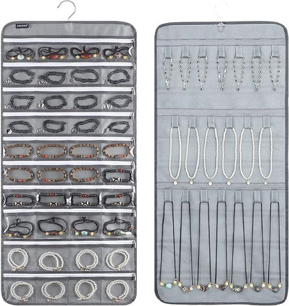 Dual-sided Hanging Jewelry Organizer with 40 Zippered Pockets and 20 Hook Loops Necklace Holder Jewelries Organizer for Earrings Bracelets Rings with 360 Degree Rotating Hanger (40 Zippered Pockets and 20 Hook Loops-Grey)