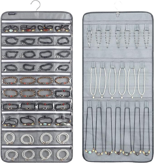 Dual-sided Hanging Jewelry Organizer with 40 Zippered Pockets and 20 Hook Loops Necklace Holder Jewelries Organizer for Earrings Bracelets Rings with 360 Degree Rotating Hanger (40 Zippered Pockets and 20 Hook Loops-Grey)