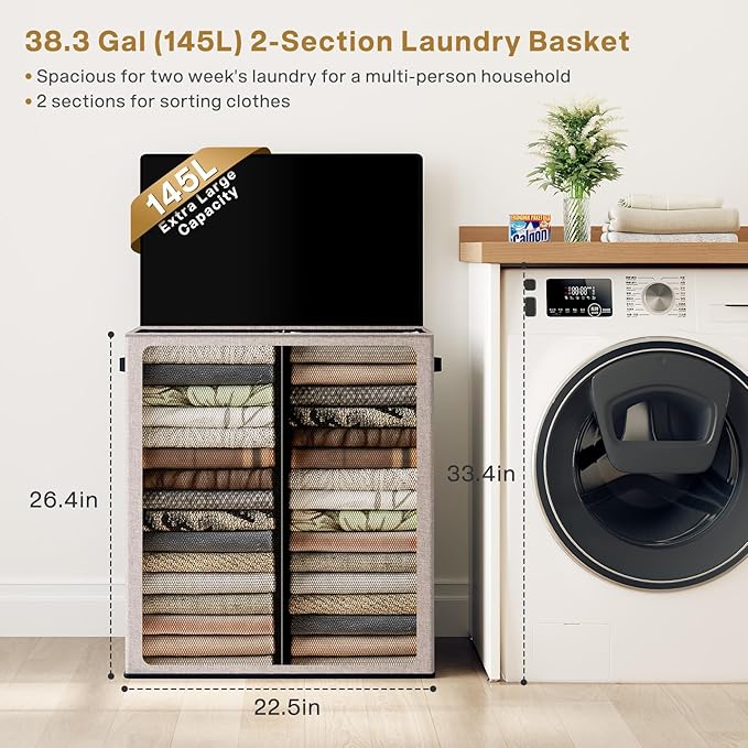 SOLEDI Large Double Laundry Hamper with Lid, Collapsible Clothes Hamper 2 section with Removable Bags, Space-Saving Laundry Basket for Bedroom, Dorm, College