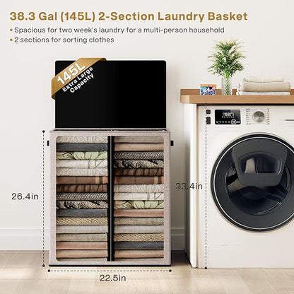 SOLEDI Large Double Laundry Hamper with Lid, Collapsible Clothes Hamper 2 section with Removable Bags, Space-Saving Laundry Basket for Bedroom, Dorm, College