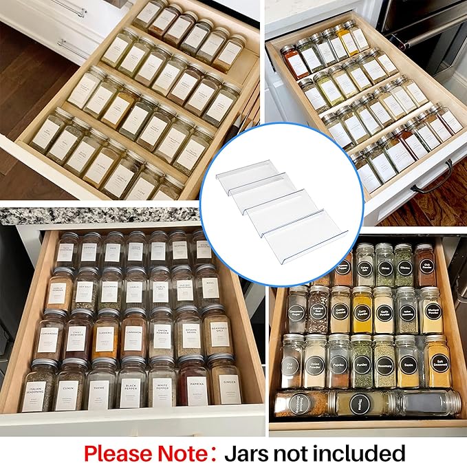 MIUKAA Clear Acrylic Spice Drawer Organizer, 4 Tier- 1 Set Seasoning Jars Drawers Insert, Kitchen Spice Rack Tray for Drawer/Countertop (Jars not included)