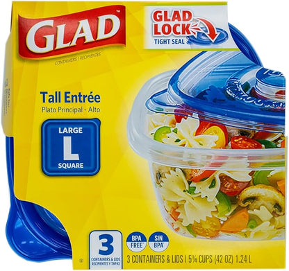 Glad GladWare Tall Entree Food Storage Containers with Lids, Large Square BPA Free Plastic for Meal Prep and Lunches, Lock Tight Seal, Microwave and Dishwasher Safe, 42 Oz, 3 Count - 6 Pack