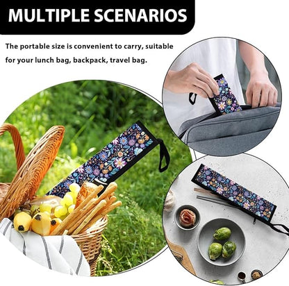 COEQINE Blue Retro Flower Large Utensil Holder Storage Case for Fork Spoon Knife Organizer Outdoor,Retro Lotus Floral Portable Travel Accessories Silverware Case for Lunch Box