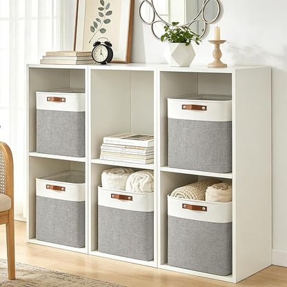 Bagnizer Large Fabric Storage Baskets | 50L Storage Bins, Decorative Linen Closet Baskets with Handles for Organizing, Shelf, Toys, Clothes, Home, Office, Nursery, 17x12x15Inches (Grey&White)