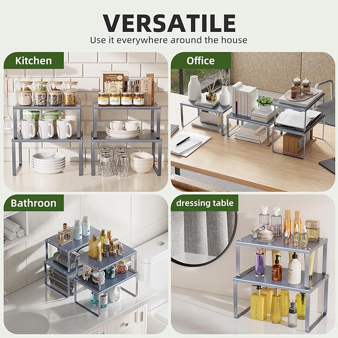 Simple Trending Cabinet Organizer Shelf, Set of 2 Kitchen Counter Shelves, Kitchen Storage, Stackable, Expandable, Metal Spice Rack for Cupboard, Bathroom, Desk, Pantry, Silver