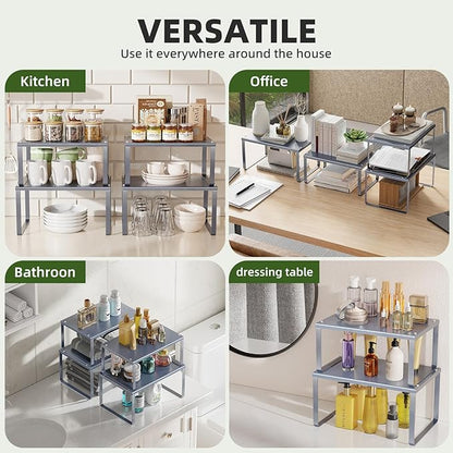 Simple Trending Cabinet Organizer Shelf, Set of 2 Kitchen Counter Shelves, Kitchen Storage, Stackable, Expandable, Metal Spice Rack for Cupboard, Bathroom, Desk, Pantry, Silver