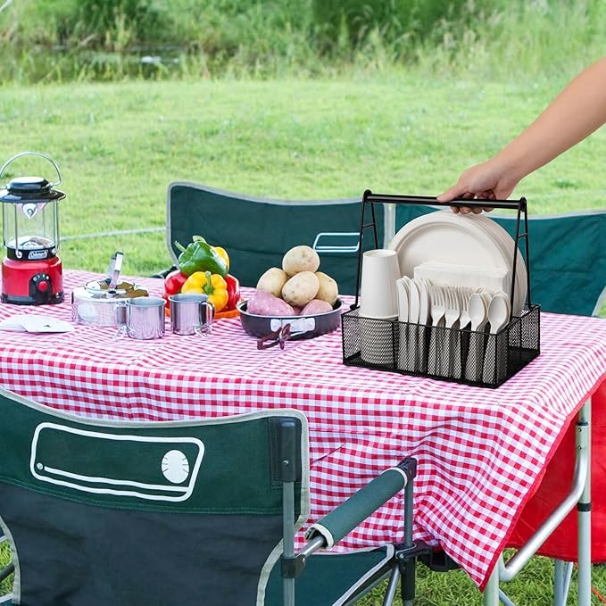 Paper Plate Organizer with Handle for Countertop, Metal Silverware Caddy for Napkins, Cups, Paper Plate and Utensil Holder, Cutlery Caddy for Party, Camping, Picnic