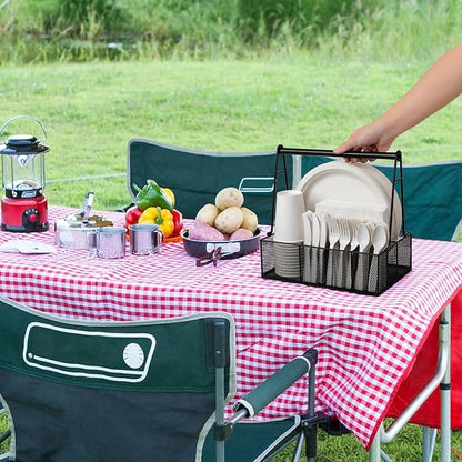 Paper Plate Organizer with Handle for Countertop, Metal Silverware Caddy for Napkins, Cups, Paper Plate and Utensil Holder, Cutlery Caddy for Party, Camping, Picnic