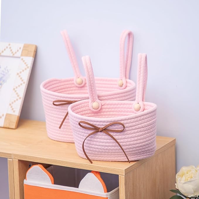 Cotton Rope Hanging Storage Baskets,Wall Basket with Handle, Shelf Organizer Bin for Closet, Functional Storage for Keys,Toys,and Small Items,Pink,Set of 2