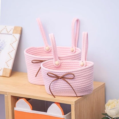 Cotton Rope Hanging Storage Baskets,Wall Basket with Handle, Shelf Organizer Bin for Closet, Functional Storage for Keys,Toys,and Small Items,Pink,Set of 2