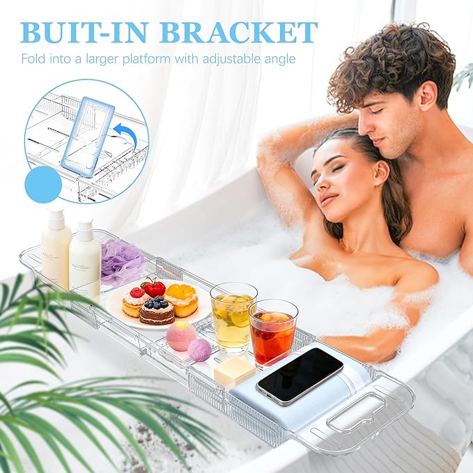 Expandable Bathtub Tray Caddy, AZ. MIFENO Clear Acrylic Bath Tray for Tub for Bath Relaxing, Foldable Bath Table Trays Luxury Spa Bathtub & Bathroom Accessories for Women Gift (Clear)