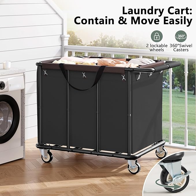 FAVOOSTY 470L Heavy Duty Commercial Laundry Cart with Wheels,Industrial Rolling Laundry Hamper, Extra Large Laundry Basket, Metal Frame for Hotel/Hospital/Home, 440lbs (Black)