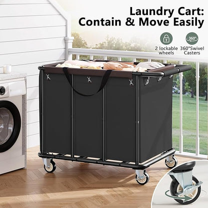 FAVOOSTY 470L Heavy Duty Commercial Laundry Cart with Wheels,Industrial Rolling Laundry Hamper, Extra Large Laundry Basket, Metal Frame for Hotel/Hospital/Home, 440lbs (Black)