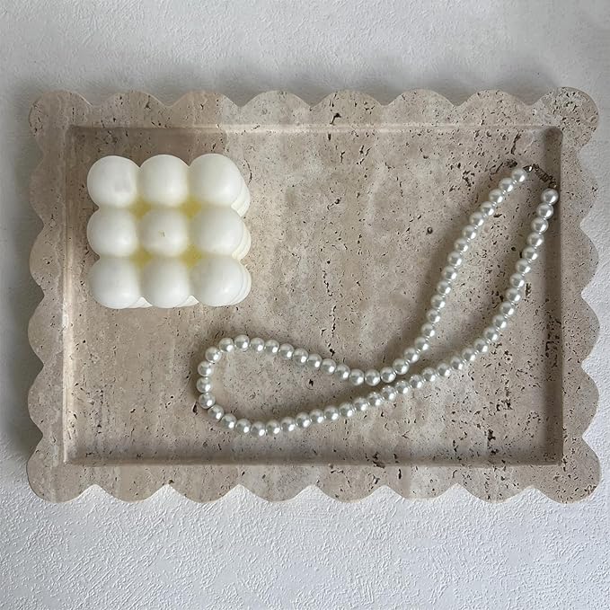 Natural Scalloped Marble Tray, 10.7"x7.87", Rectangle for Bathroom & Kitchen, Decorative for Dresser (Beige Travertine)