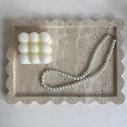 Natural Scalloped Marble Tray, 10.7"x7.87", Rectangle for Bathroom & Kitchen, Decorative for Dresser (Beige Travertine)