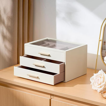 pickpiff Jewelry Box Organizer Case for Women: 3-Layer Jewelry Storage Case with Glass Window, Ivory Leather with Pink Velvet, Holder for Ring Necklace Bracelet Brooch Watch, Great Gift for Her