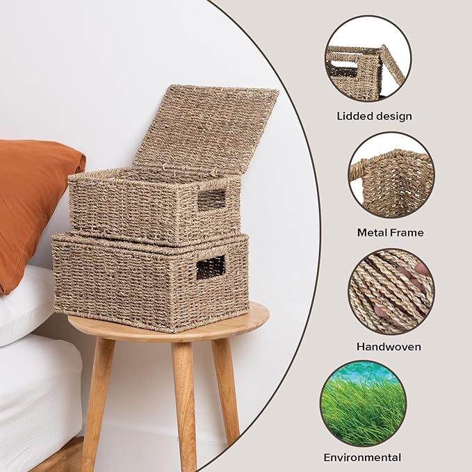 Wicker Storage Baskets with Lid, Hand-Woven Rectangular Wicker Basket with Lid for Bedroom & Living Room, Nesting Rattan Basket with Lid for Shelves (Seagrass, Set of 3）