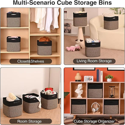 ICERZCZ 11 Inch Cube Storage Bins, Storage Cube Organizer Bins, Woven Cotton Rope Baskets for Storage, Storage Basket for Organizing Shelves, Square Baskets for Toys Nursery, Black & Jute (Pack of 3)