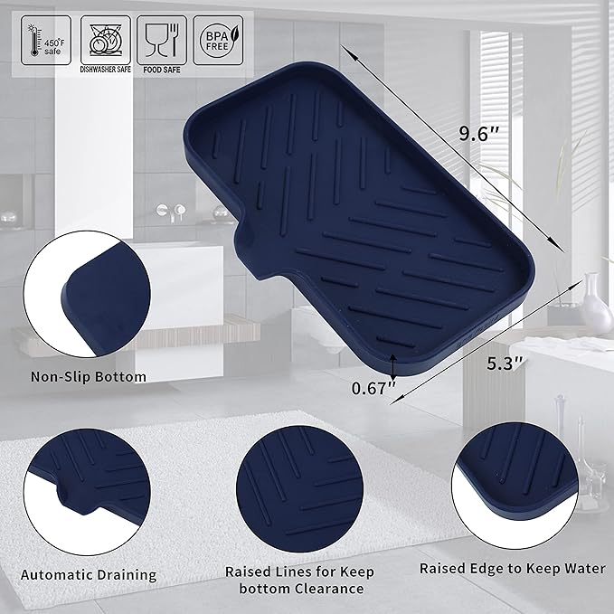 MicoYang Silicone Bathroom Soap Dishes with Drain Spout-Kitchen Sink Organizer,Sponge Holder,Dish Soap Tray,Perfect for Dispenser,Scrubber,Bottle,Cup on Sink or Counter-Navy Blue 9.6"×5.3"
