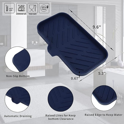 MicoYang Silicone Bathroom Soap Dishes with Drain Spout-Kitchen Sink Organizer,Sponge Holder,Dish Soap Tray,Perfect for Dispenser,Scrubber,Bottle,Cup on Sink or Counter-Navy Blue 9.6"×5.3"