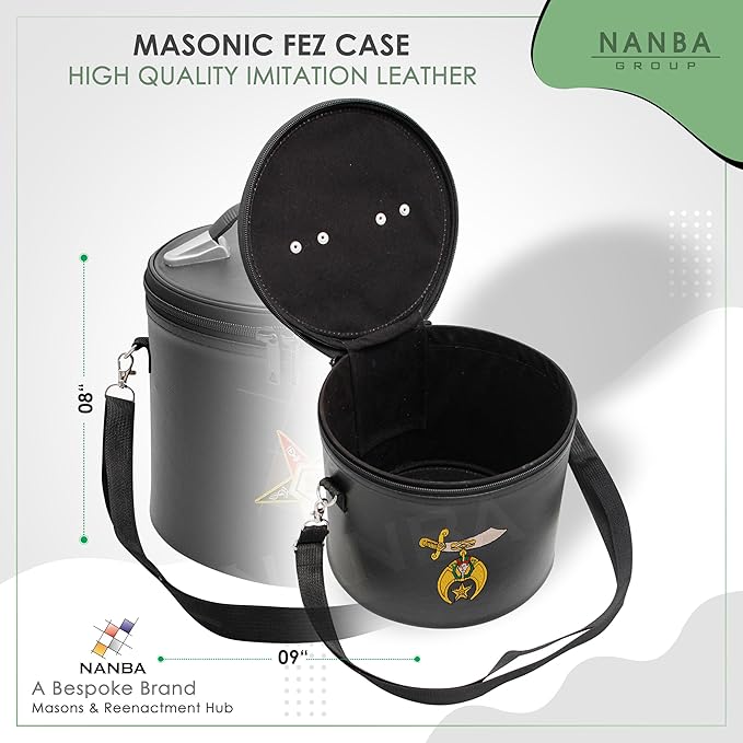 Machine Embroidered Shriner Fez Case – Deluxe Masonic Fez Cap Storage Box with Strap, Imitation Leather Gifts, Display Box for Masonic Fez Hats (Black)