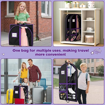2Pack Dance Garment Bags for Dancers, 40" Garment Bags for Hanging Clothes with 3 Clear Zipper Pockets, Cheer Uniform Garment Bag for Suits, Travel & Sports Jersey, Cheer Uniform (Purple, 2Pack 40")