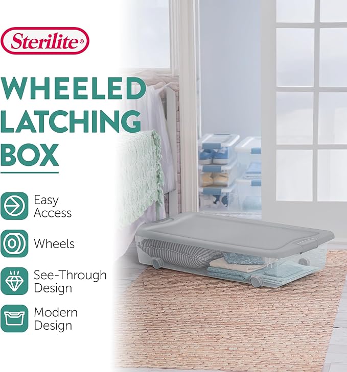 Sterilite 12 Pack Wheeled Under Bed Storage Container, 56 Qt Plastic Bin with Latching Lid for Organization - Clothes & Shoes Organizer, Silver Tint